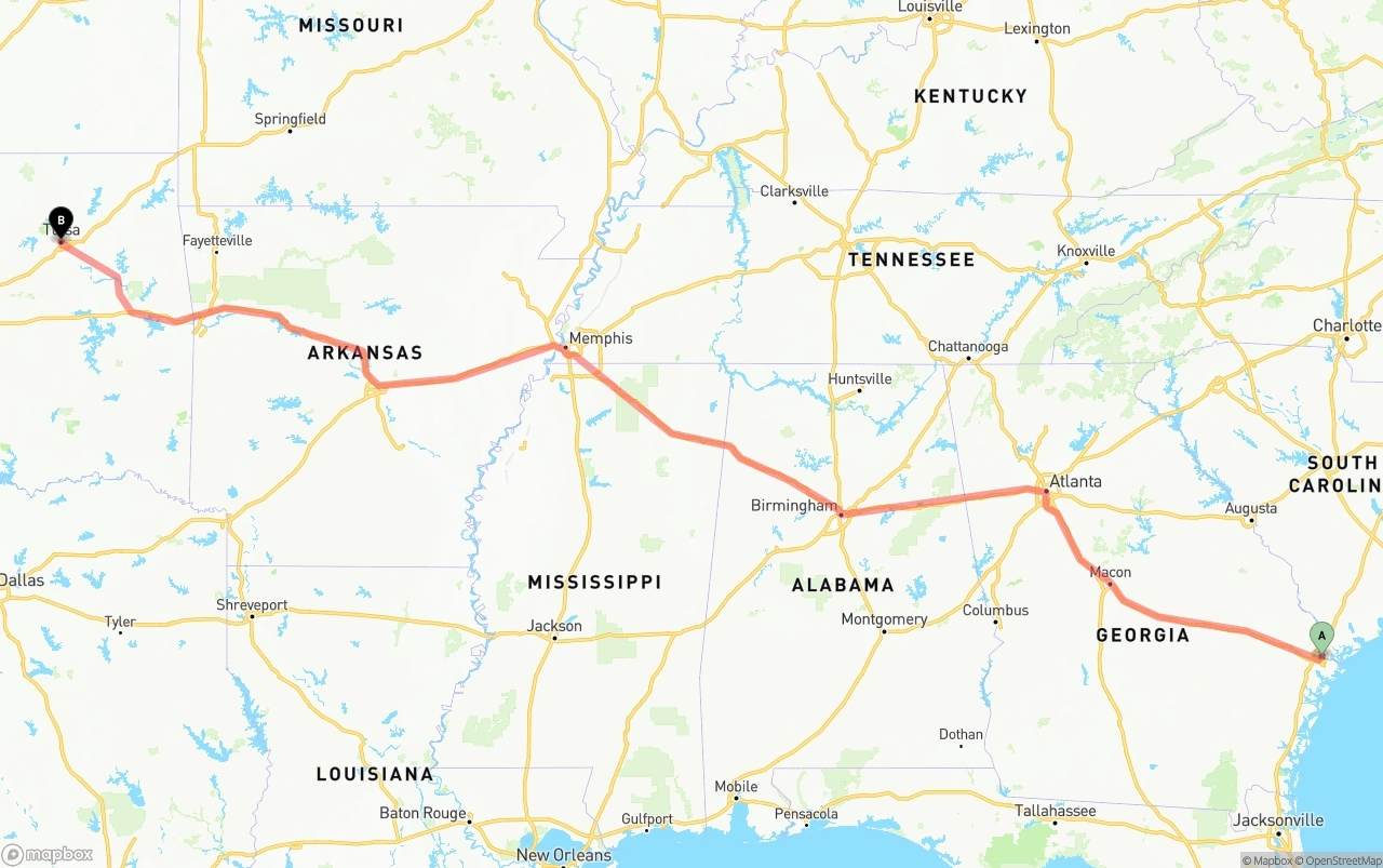 Shipping route from Port of Savannah to Tulsa