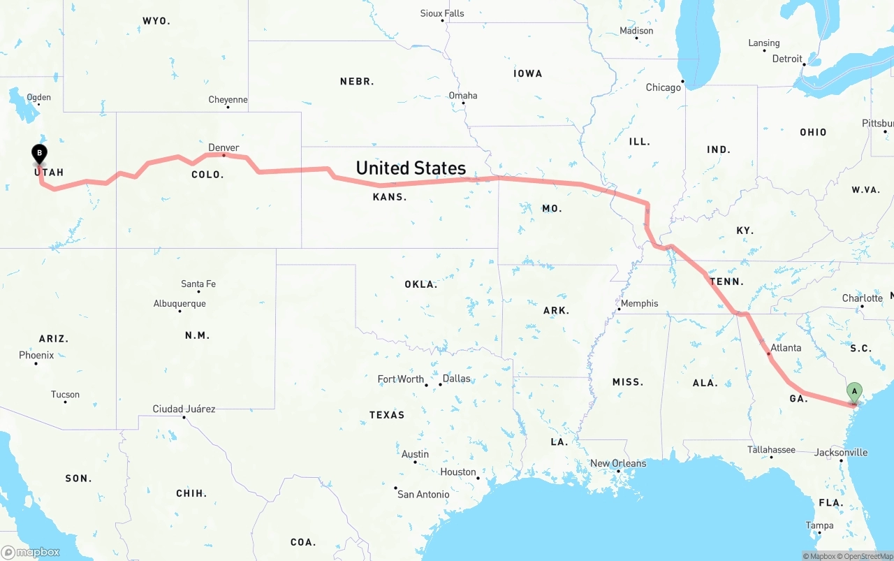 Shipping route from Port of Savannah to Utah