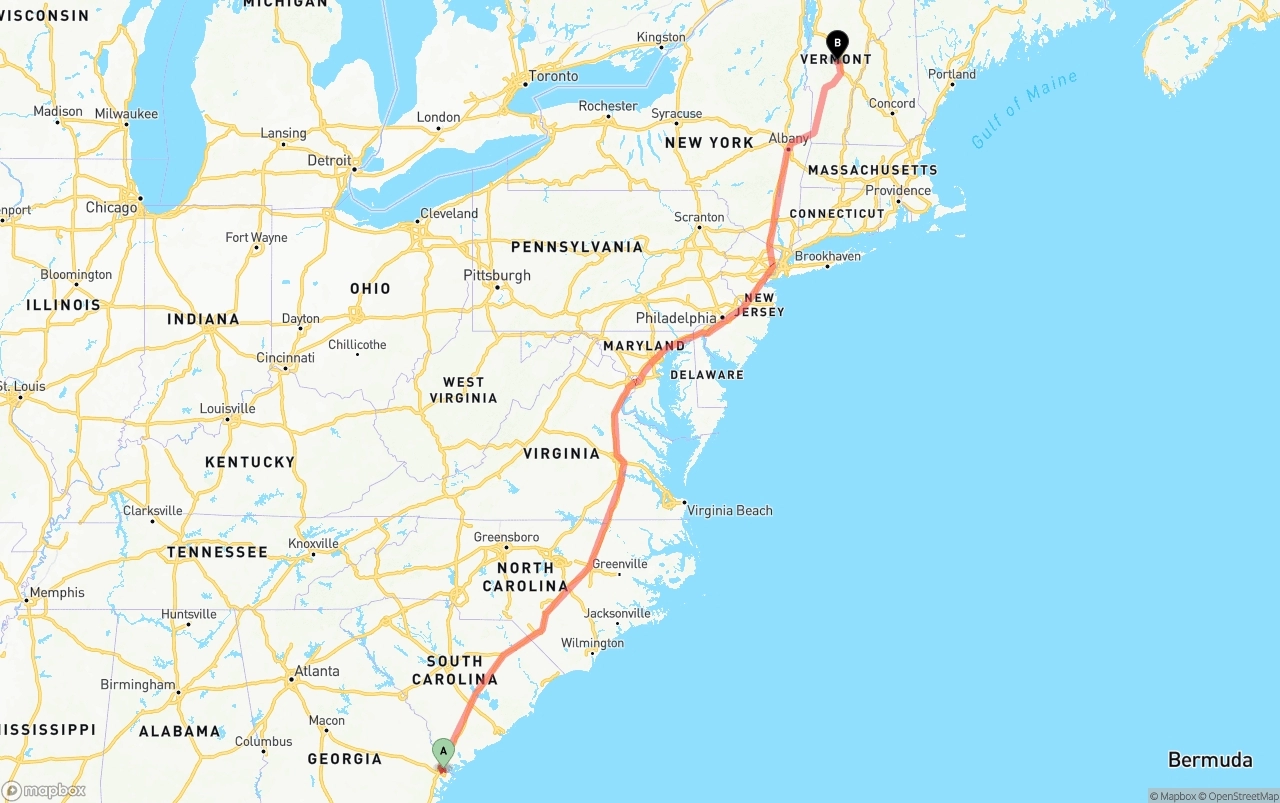 Shipping route from Port of Savannah to Vermont