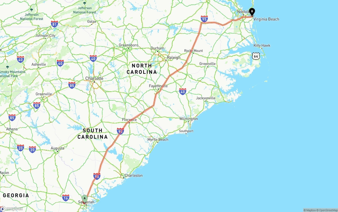 Shipping route from Port of Savannah to Virginia Beach