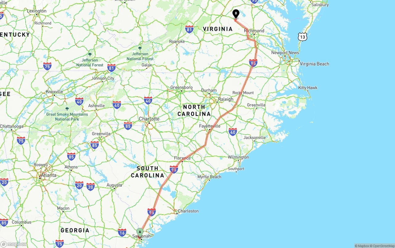 Shipping route from Port of Savannah to Virginia