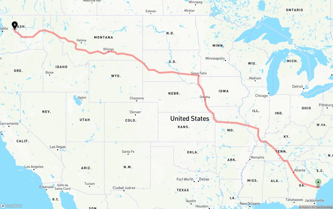 Shipping route from Port of Savannah to Washington