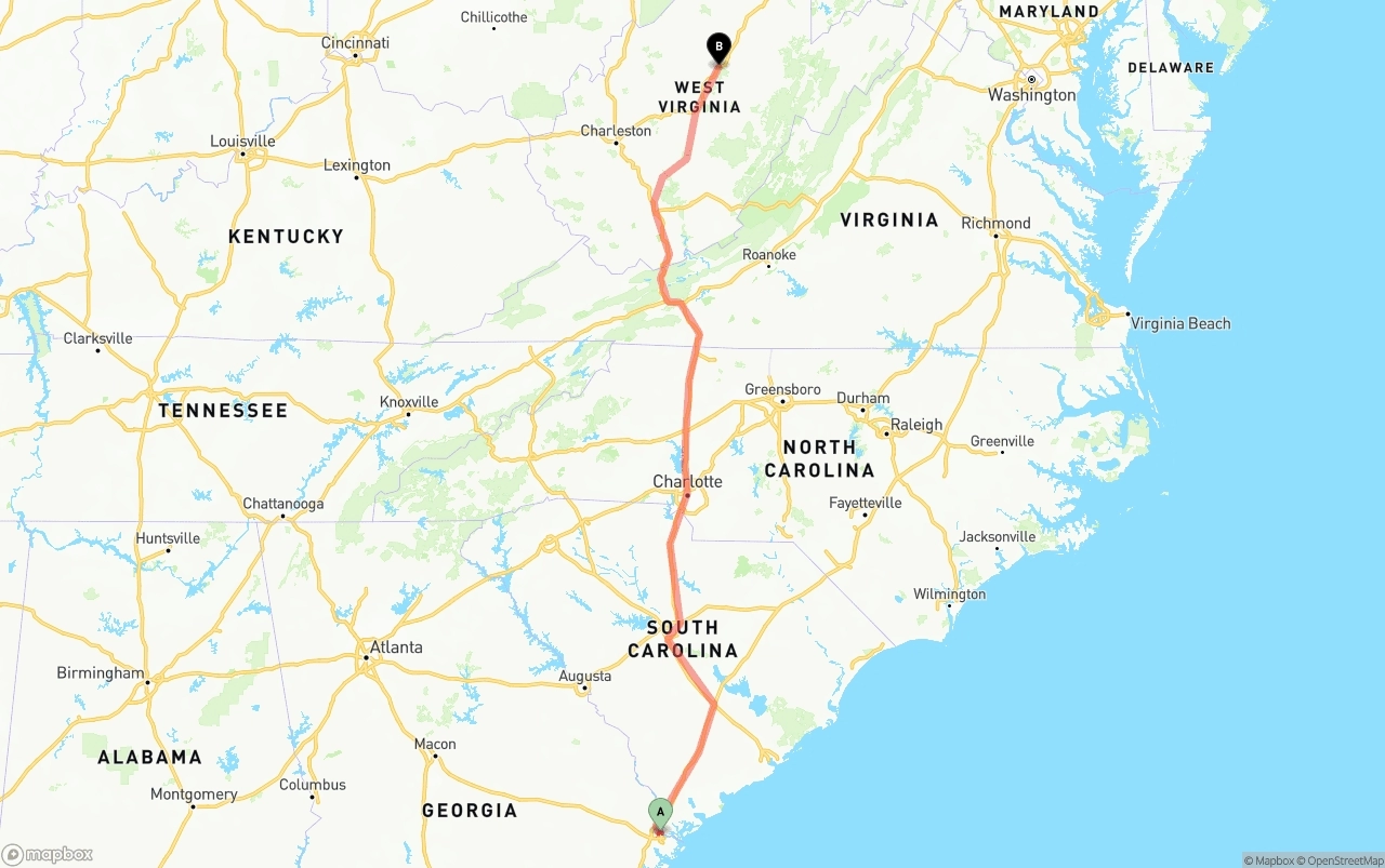 Shipping route from Port of Savannah to West Virginia