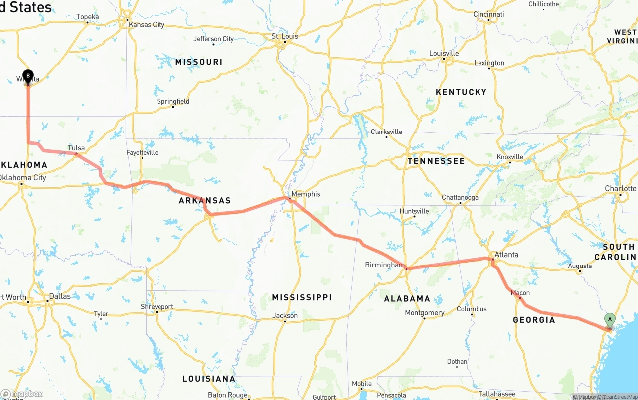 Shipping route from Port of Savannah to Wichita