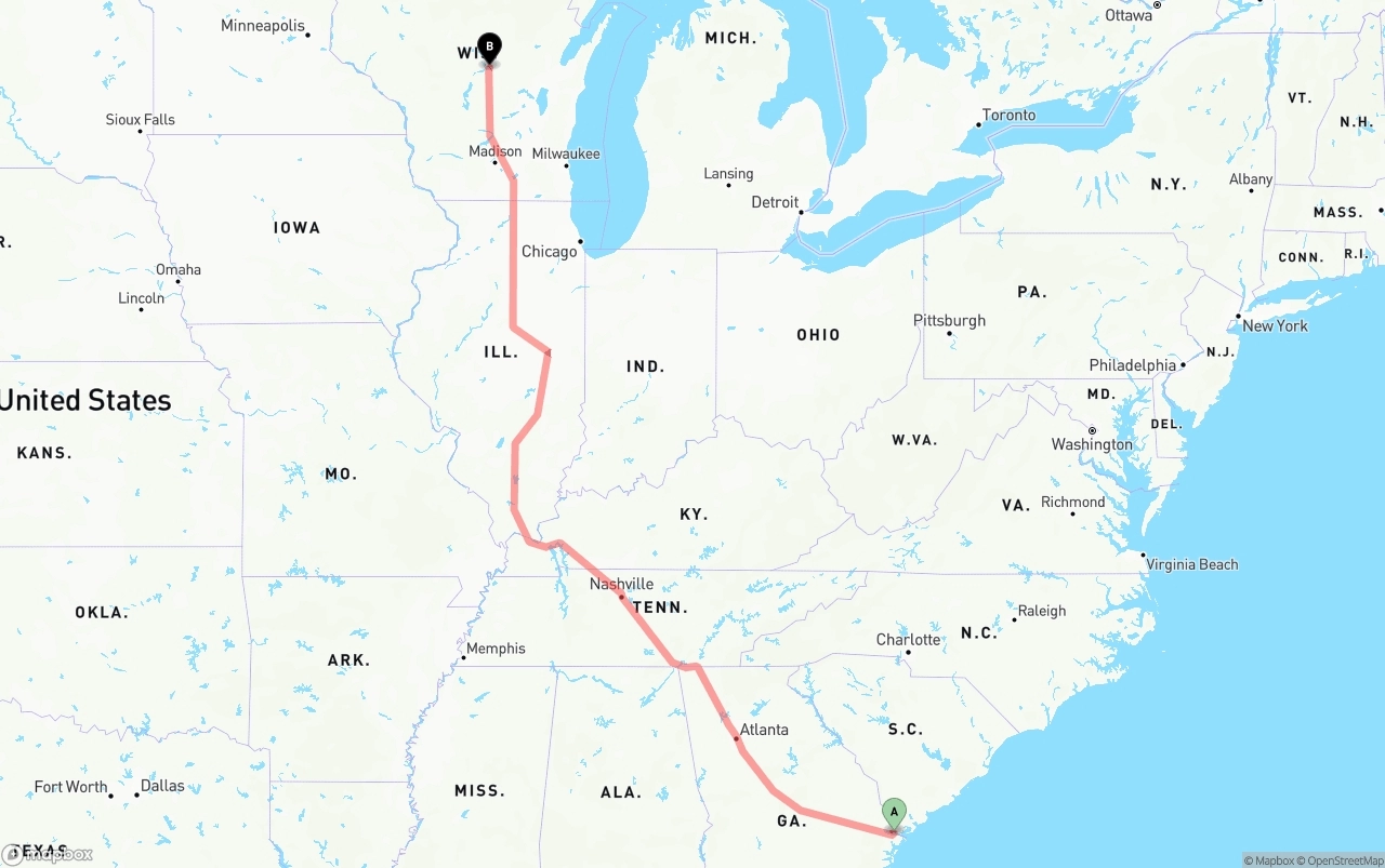Shipping route from Port of Savannah to Wisconsin