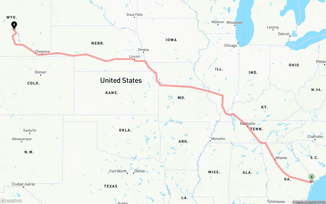 Shipping route from Port of Savannah to Wyoming