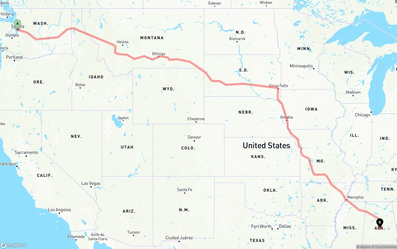 Shipping route from Port of Seattle to Alabama