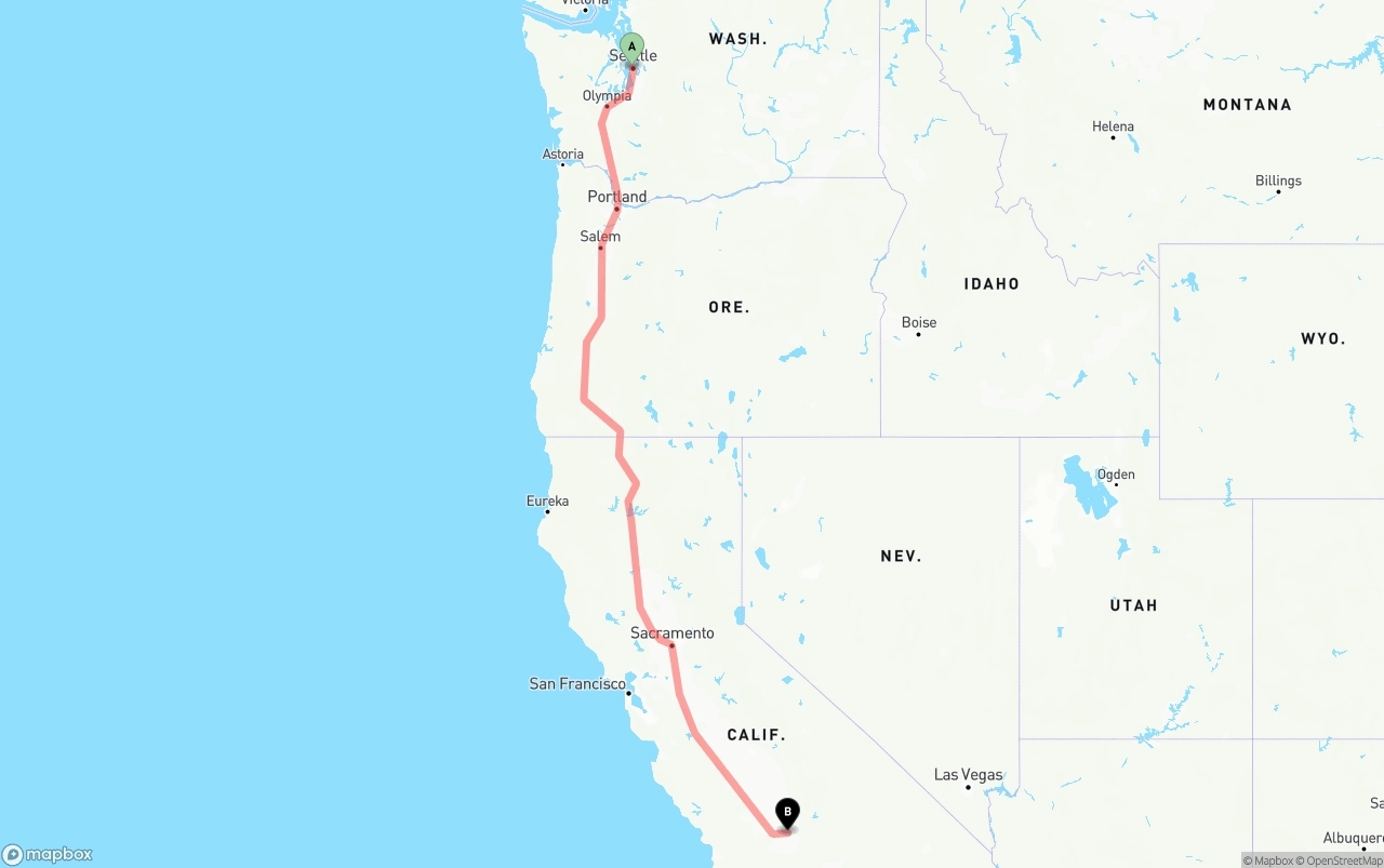 Shipping route from Port of Seattle to Bakersfield