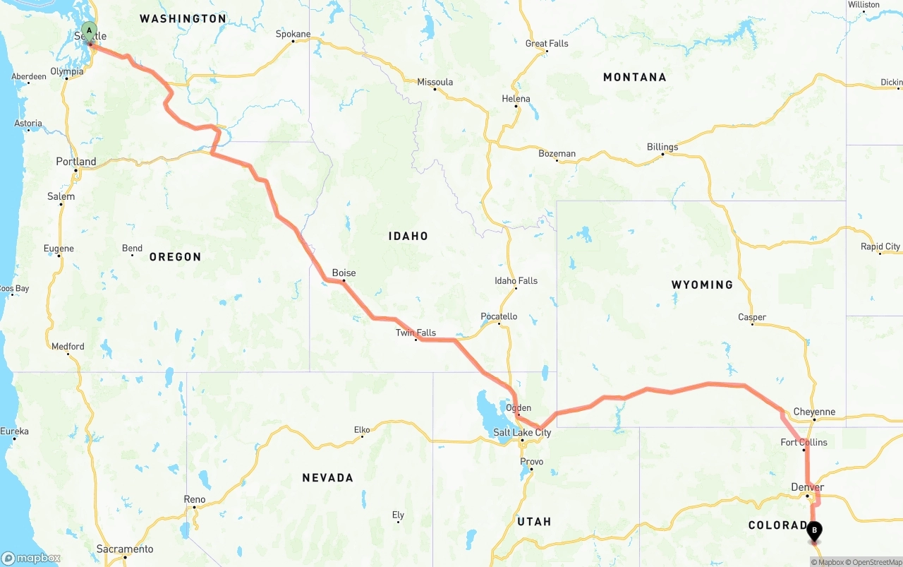 Shipping route from Port of Seattle to Colorado Springs