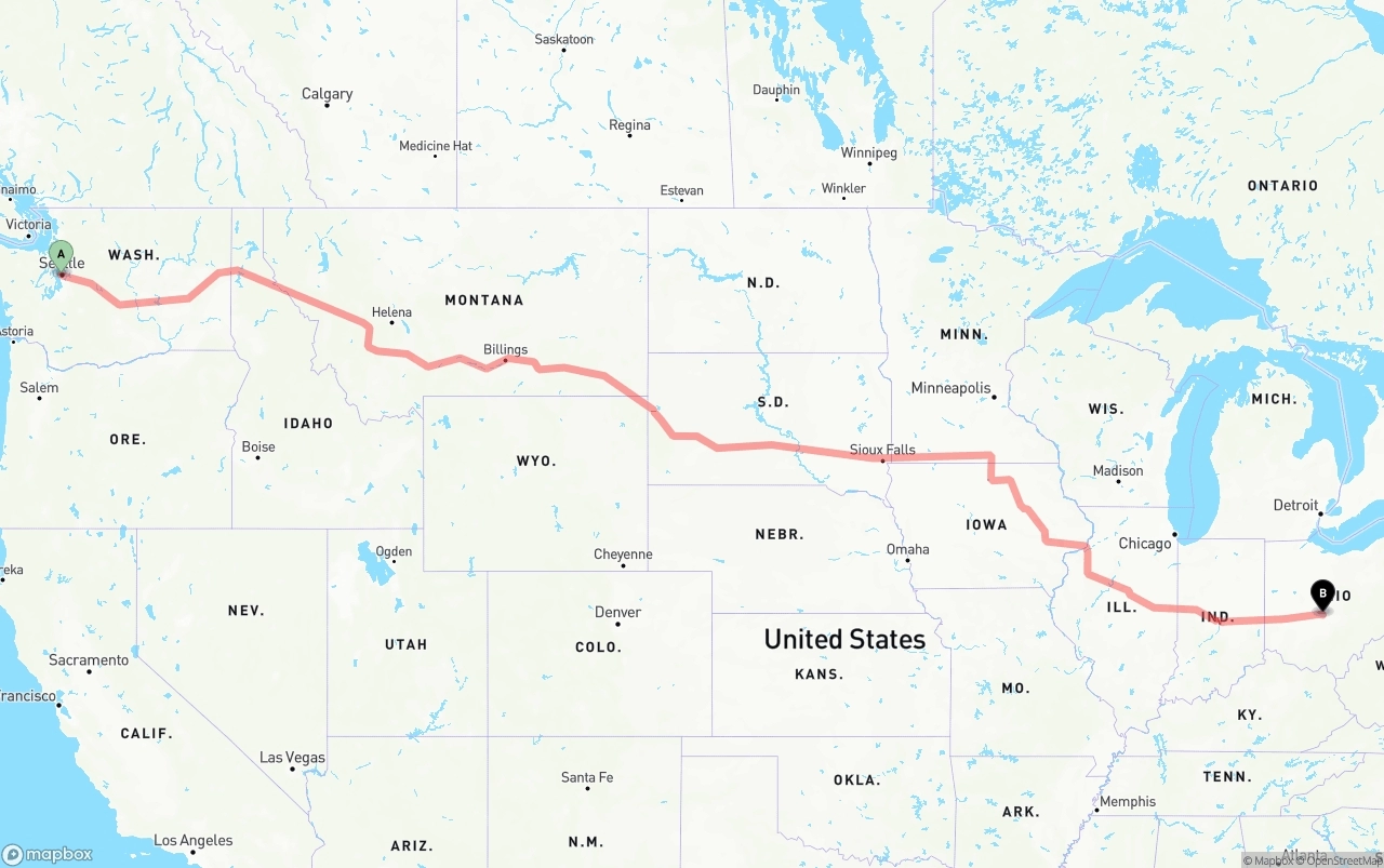 Shipping route from Port of Seattle to Columbus