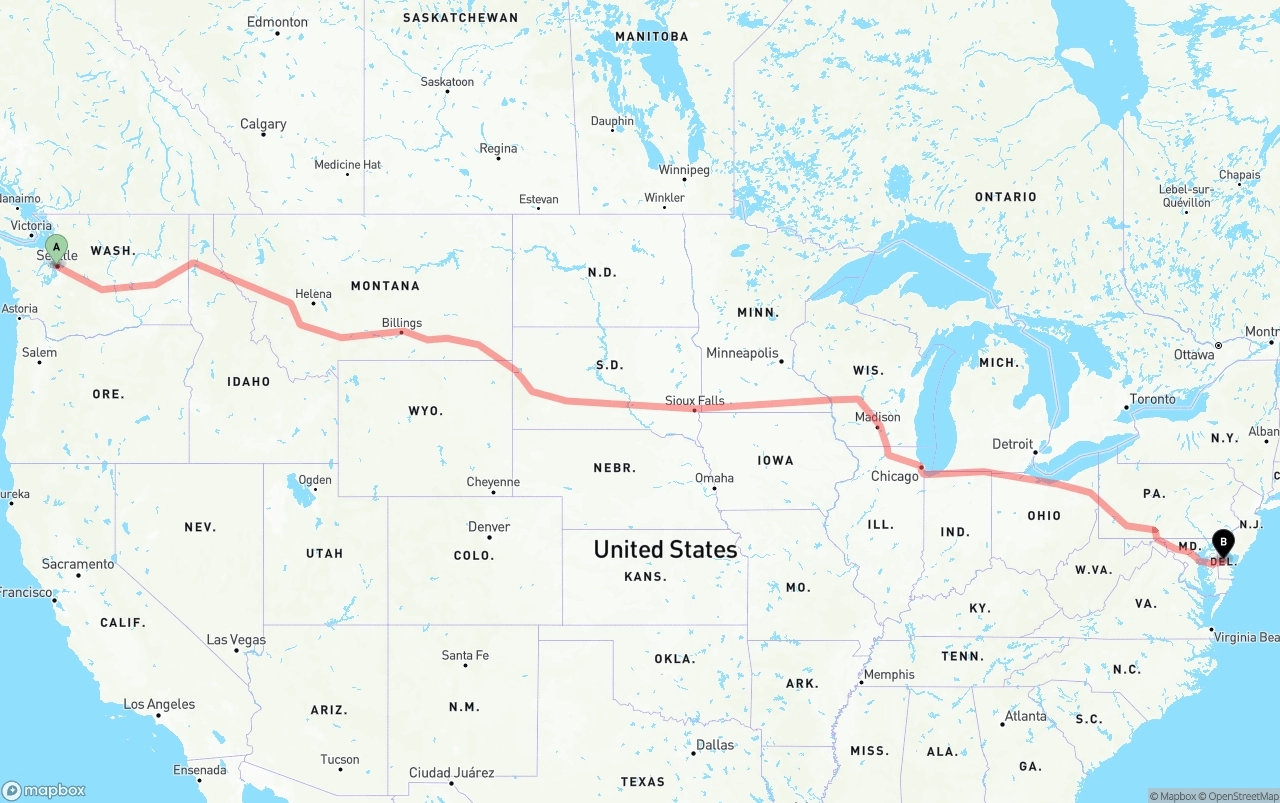Shipping route from Port of Seattle to Delaware
