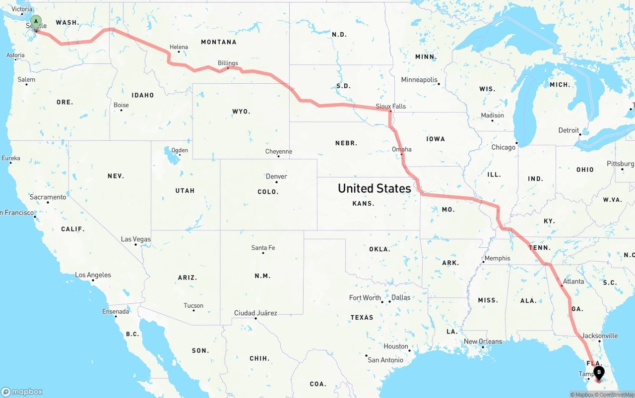 Shipping route from Port of Seattle to Florida