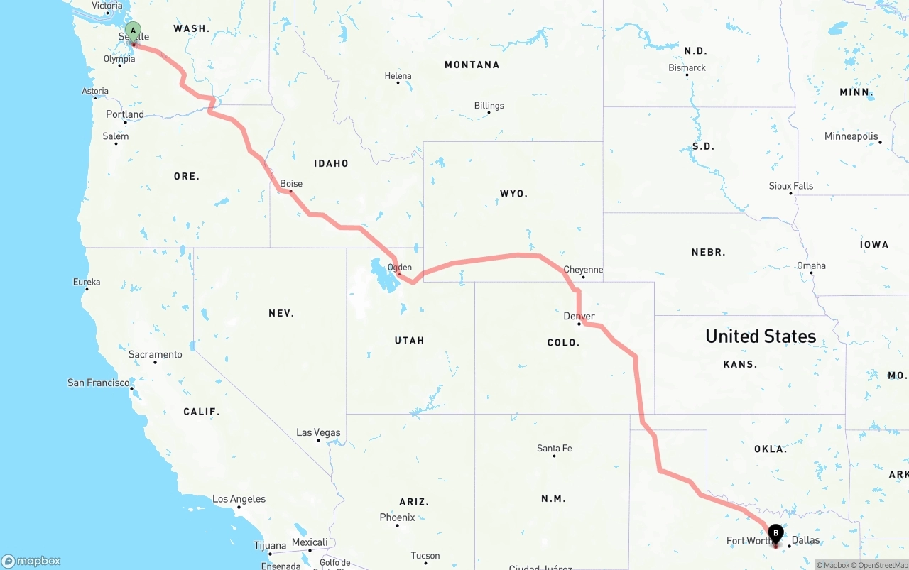 Shipping route from Port of Seattle to Fort Worth