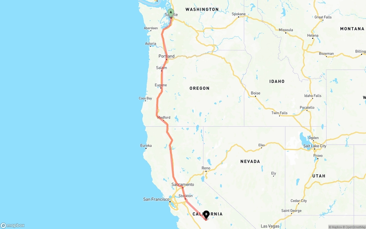 Shipping route from Port of Seattle to Fresno