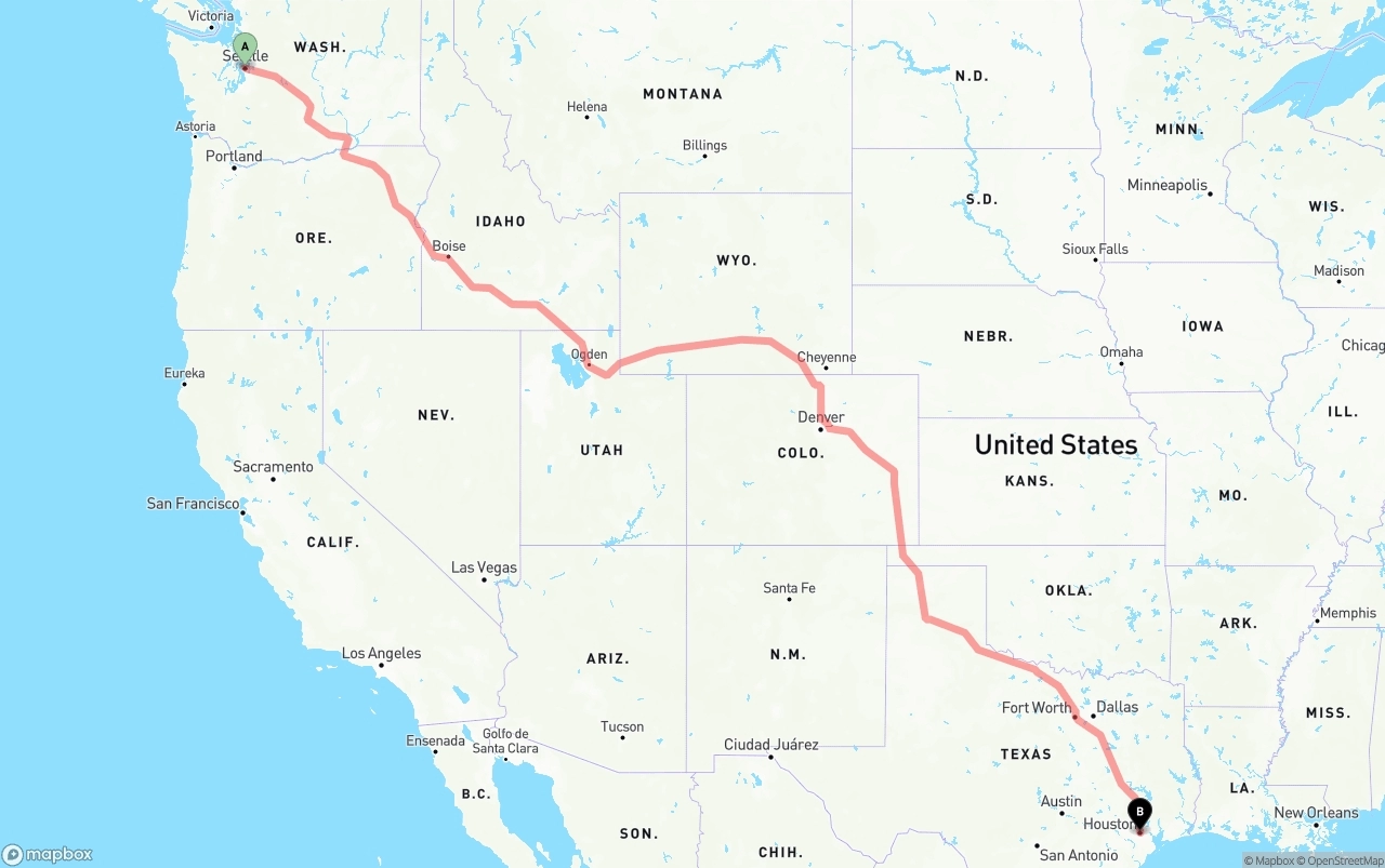 Shipping route from Port of Seattle to Houston