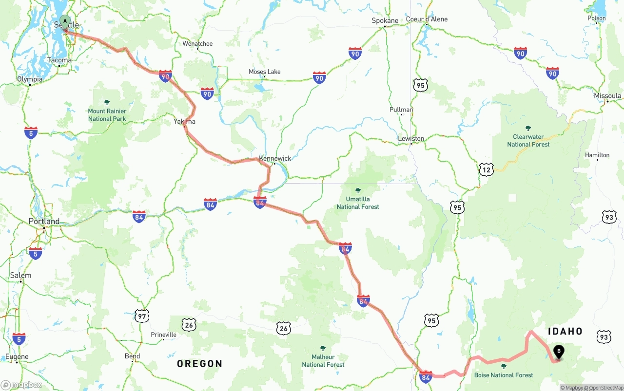 Shipping route from Port of Seattle to Idaho