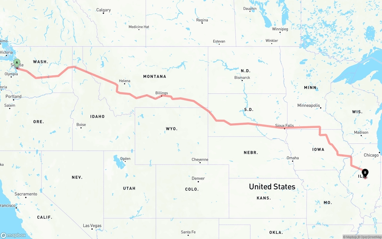 Shipping route from Port of Seattle to Illinois