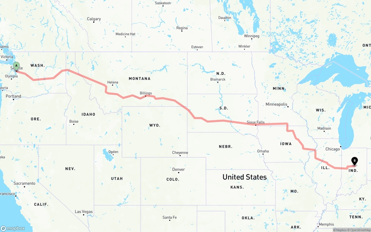 Shipping route from Port of Seattle to Indiana
