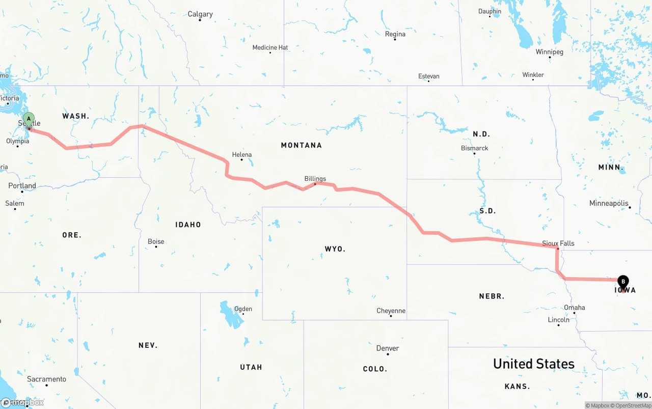 Shipping route from Port of Seattle to Iowa