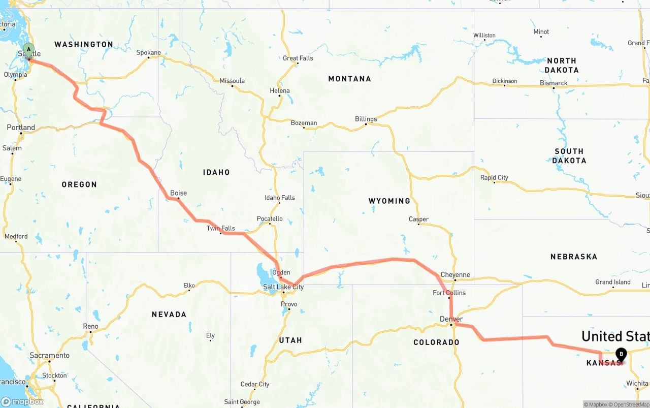 Shipping route from Port of Seattle to Kansas