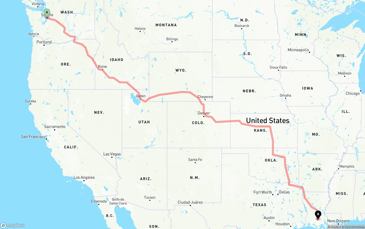 Shipping route from Port of Seattle to Louisiana