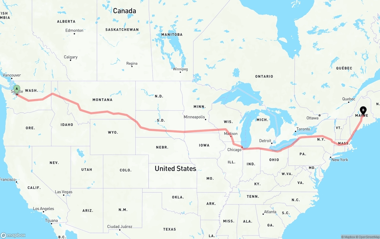 Shipping route from Port of Seattle to Maine