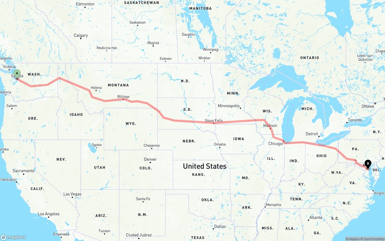 Shipping route from Port of Seattle to Maryland