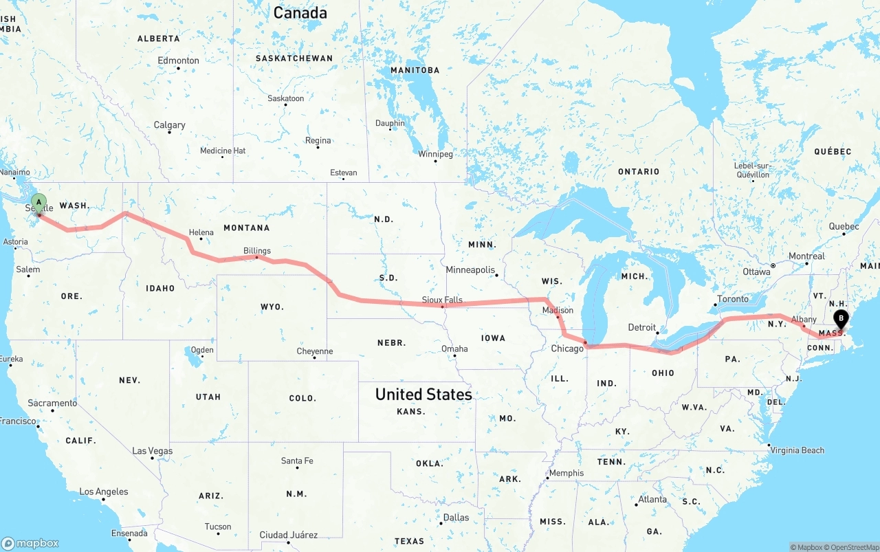 Shipping route from Port of Seattle to Massachusetts