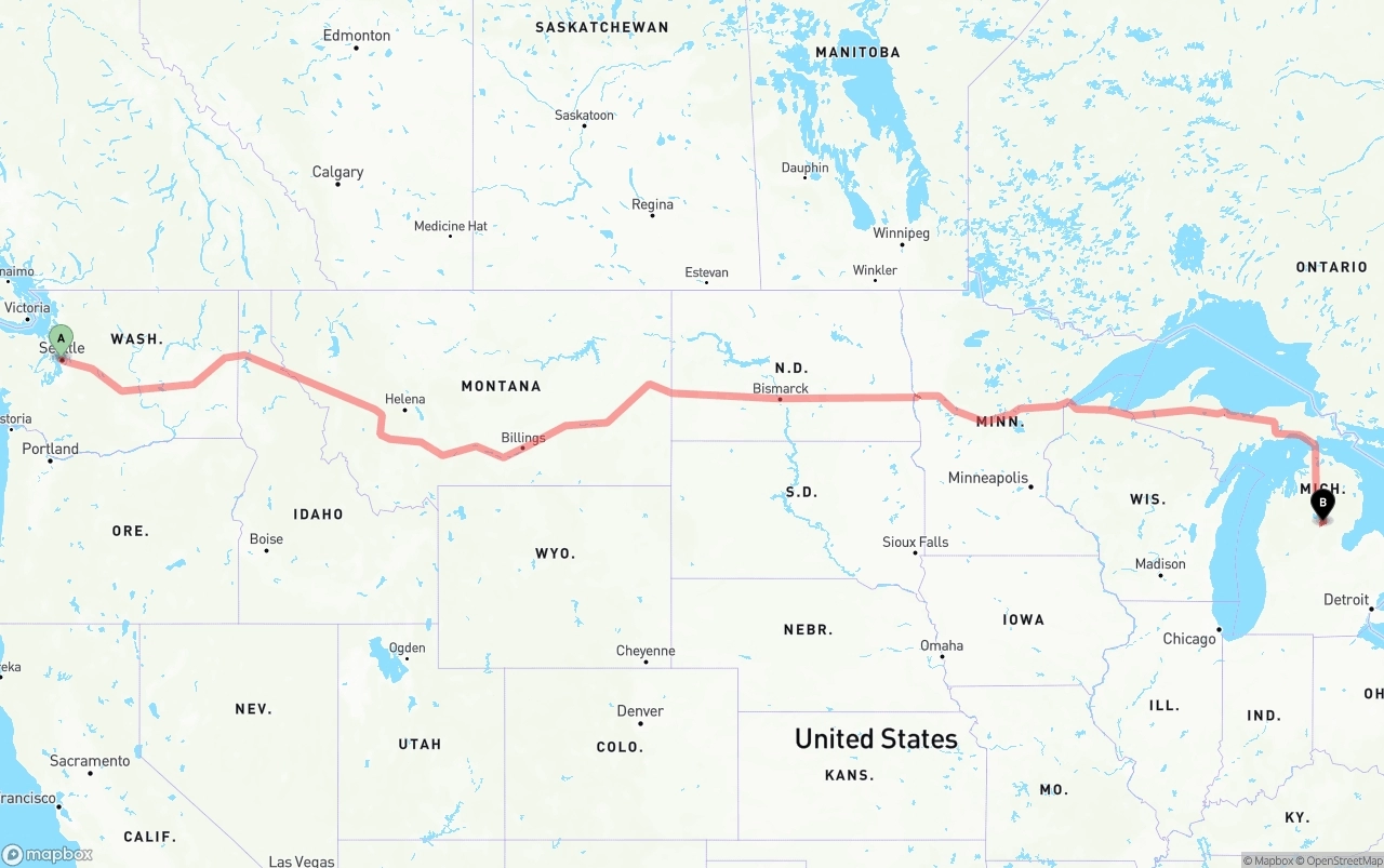 Shipping route from Port of Seattle to Michigan