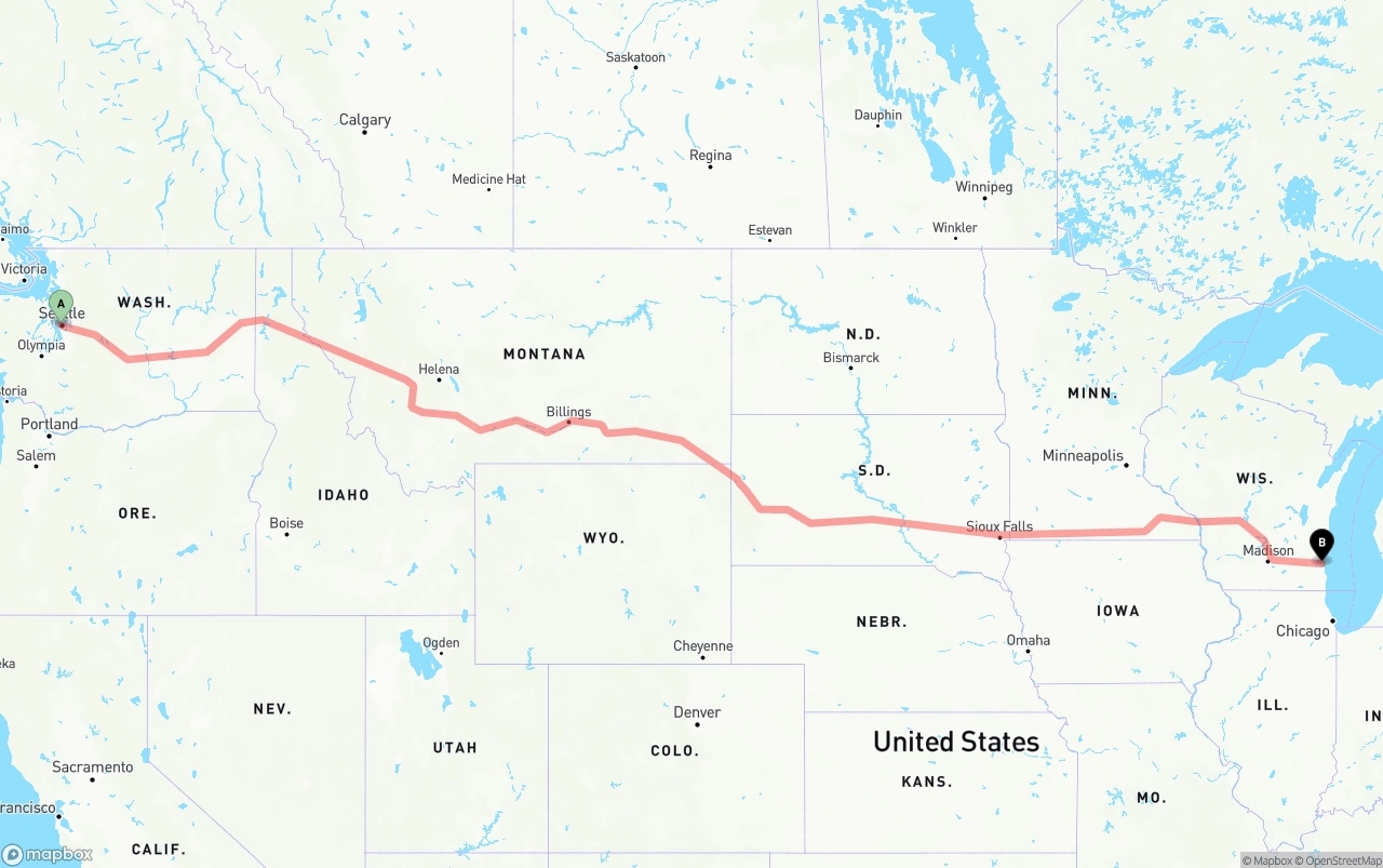 Shipping route from Port of Seattle to Milwaukee