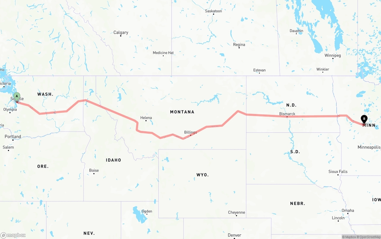 Shipping route from Port of Seattle to Minnesota