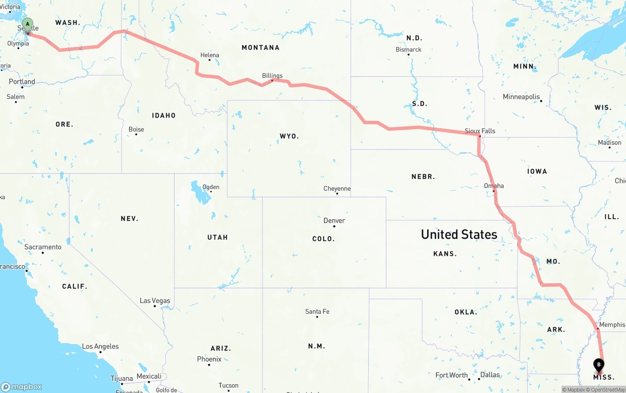 Shipping route from Port of Seattle to Mississippi