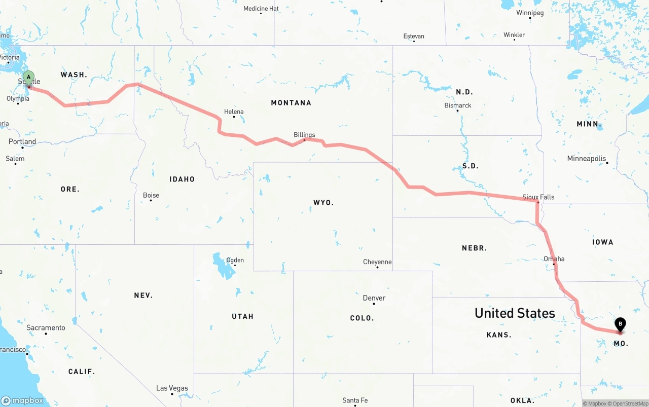 Shipping route from Port of Seattle to Missouri