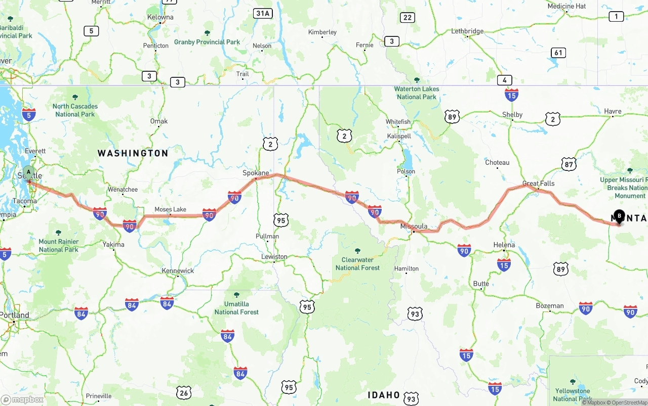 Shipping route from Port of Seattle to Montana