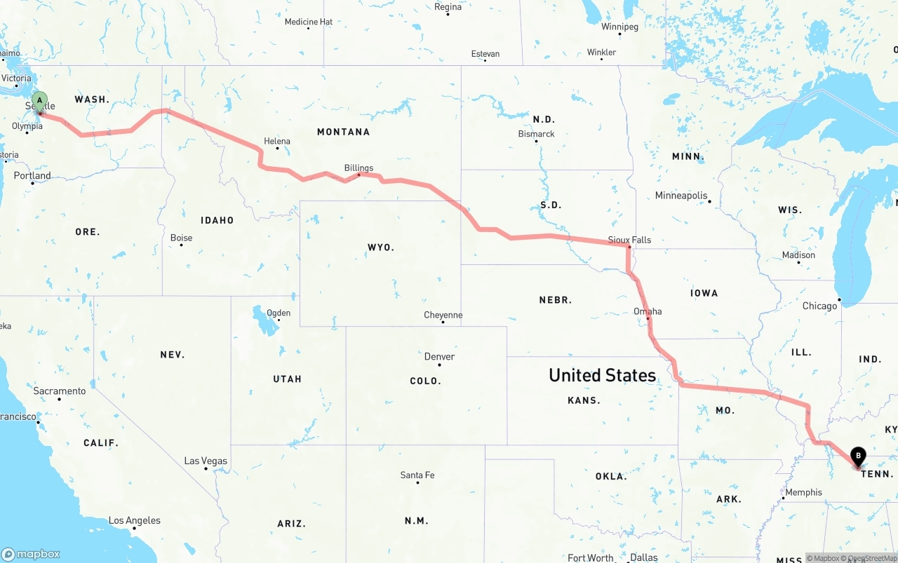 Shipping route from Port of Seattle to Nashville