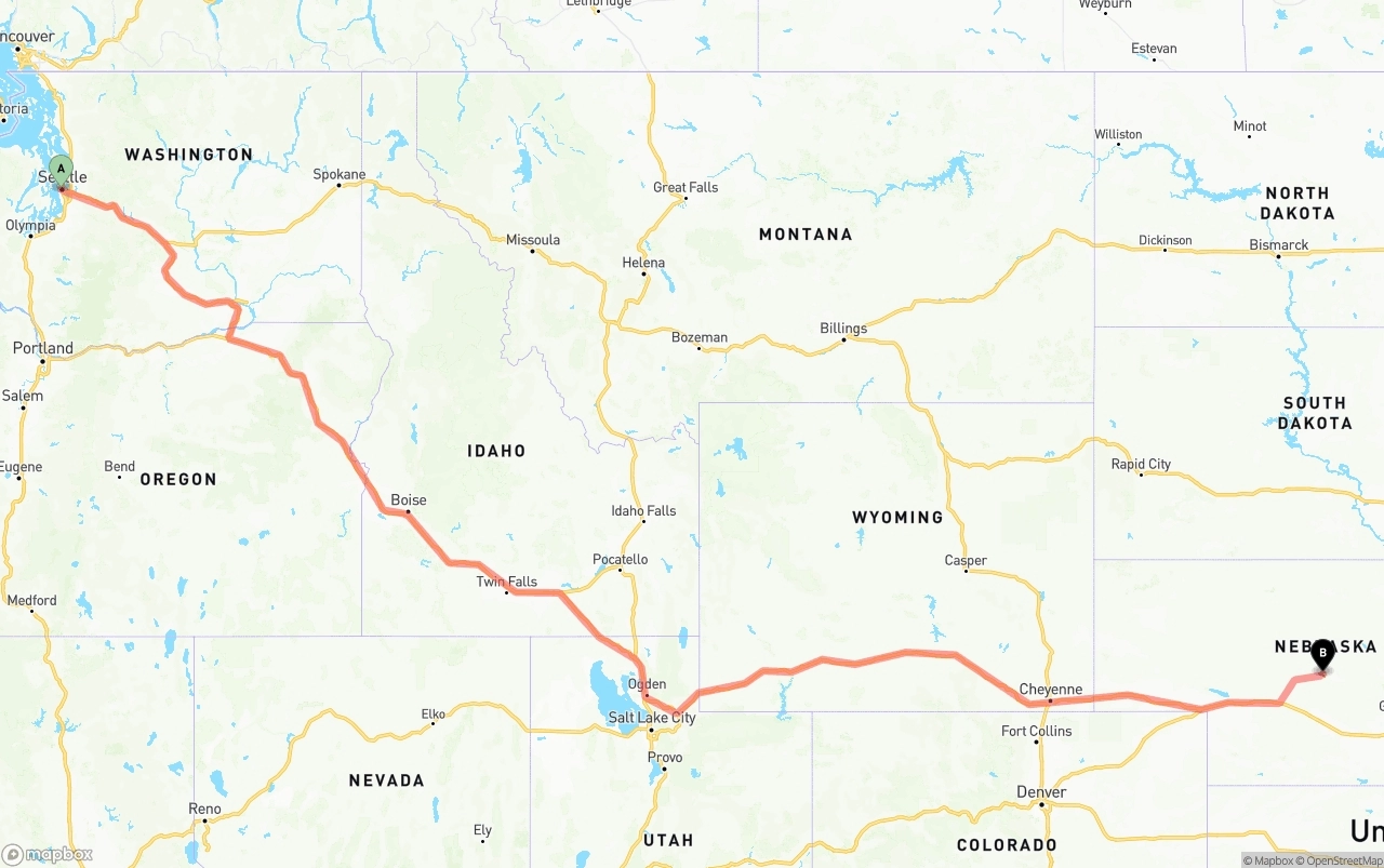 Shipping route from Port of Seattle to Nebraska