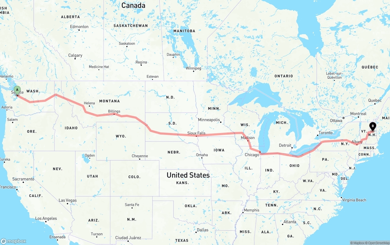 Shipping route from Port of Seattle to New Hampshire