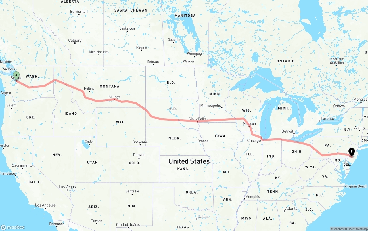 Shipping route from Port of Seattle to New Jersey