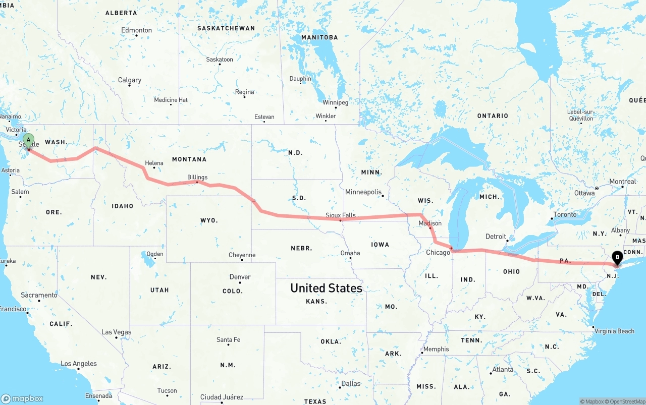 Shipping route from Port of Seattle to New York City