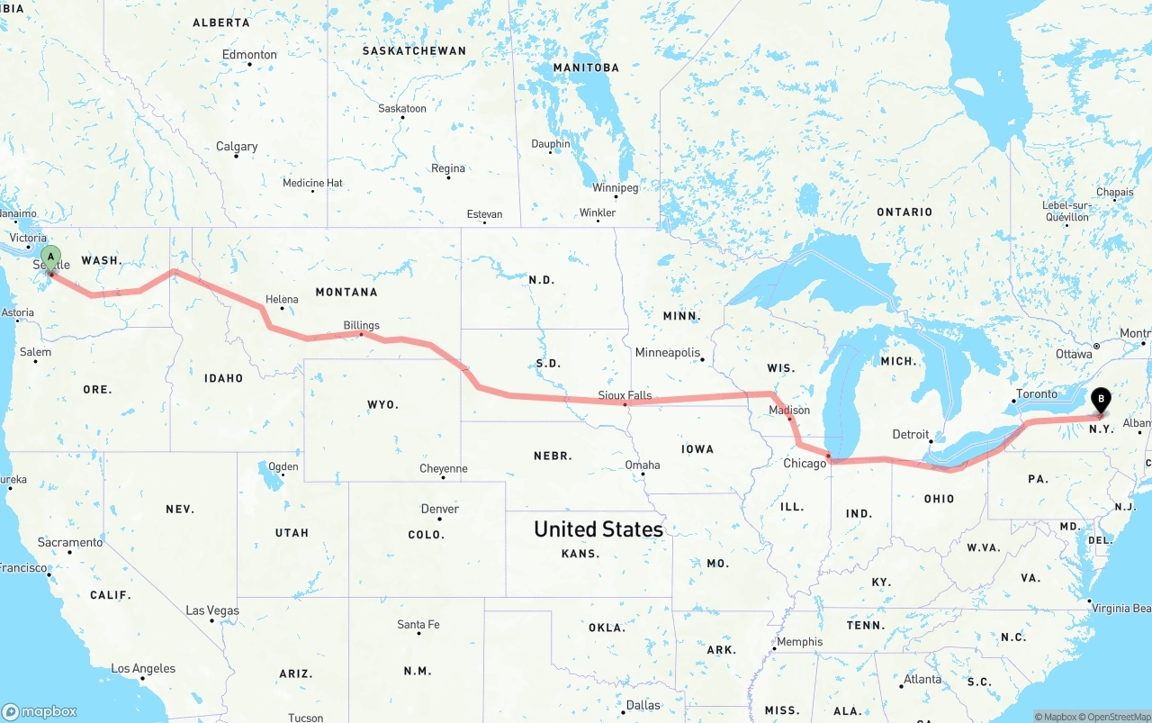 Shipping route from Port of Seattle to New York