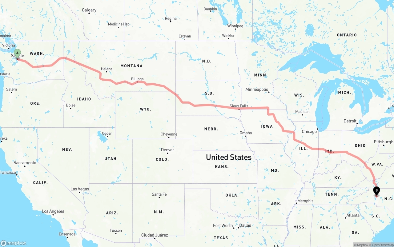 Shipping route from Port of Seattle to North Carolina