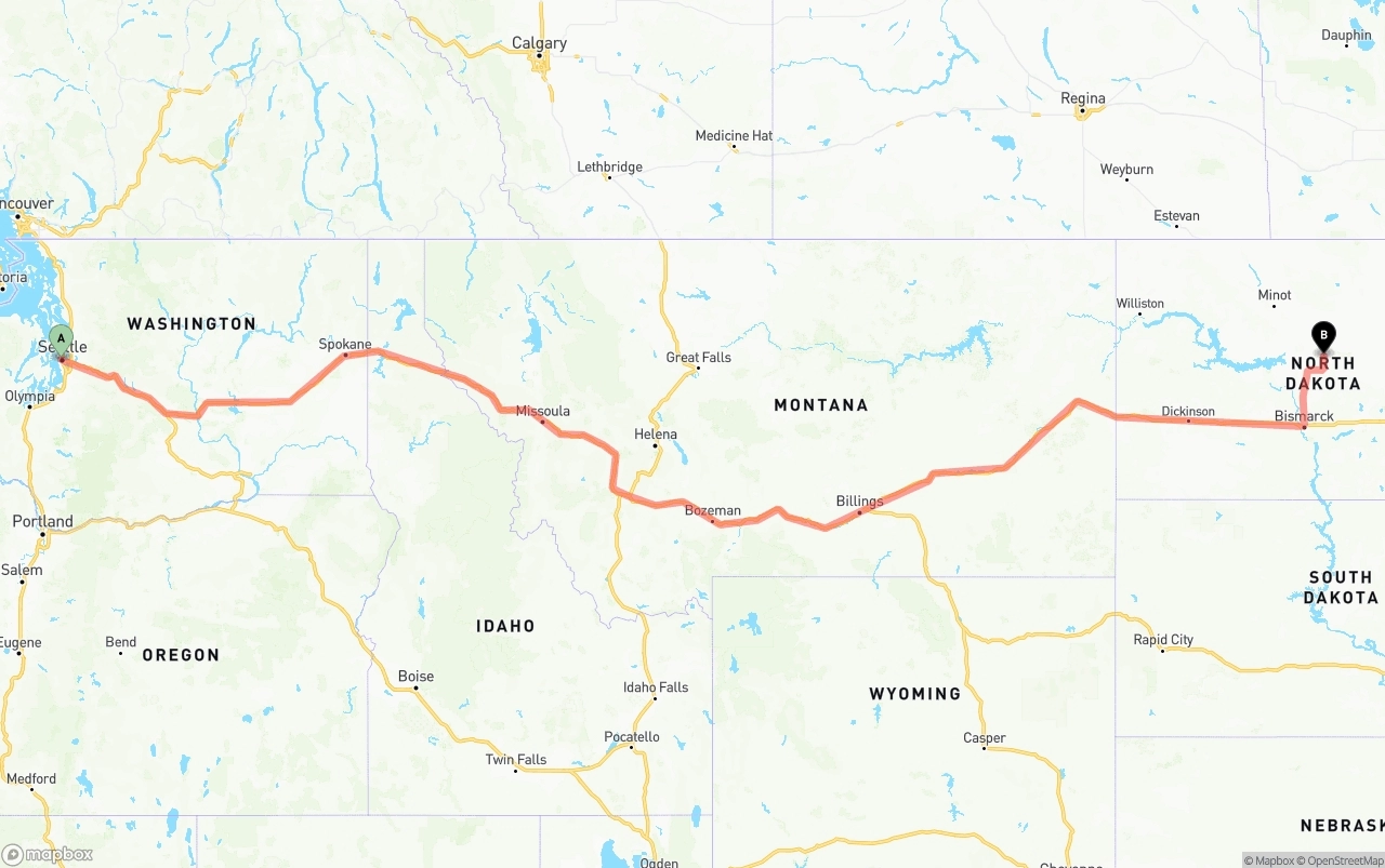 Shipping route from Port of Seattle to North Dakota