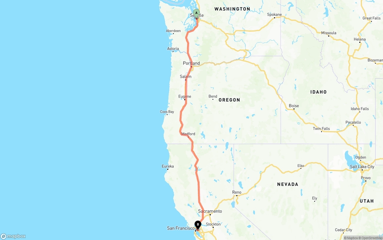 Shipping route from Port of Seattle to Oakland