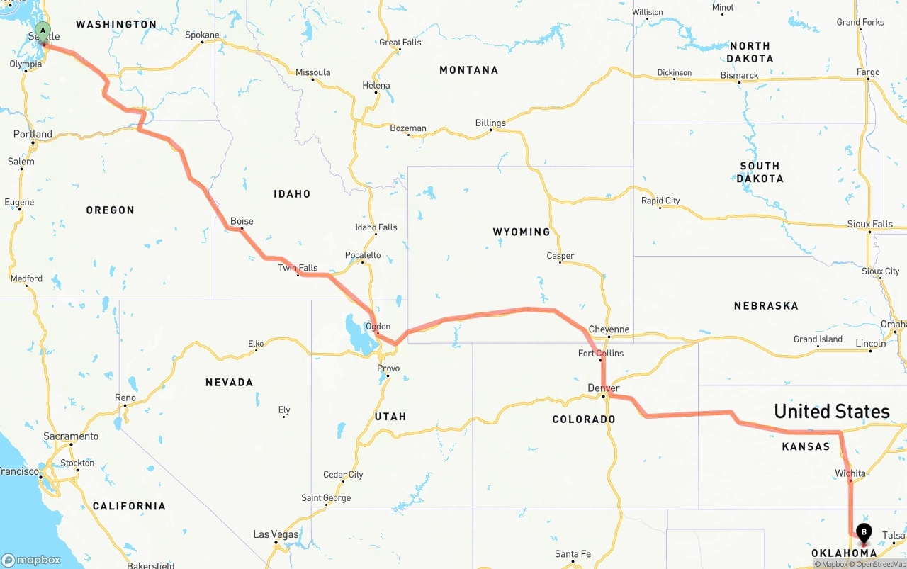 Shipping route from Port of Seattle to Oklahoma