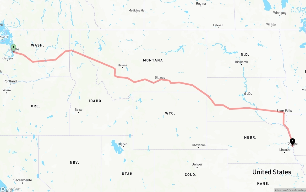 Shipping route from Port of Seattle to Omaha