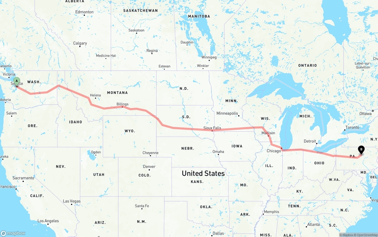 Shipping route from Port of Seattle to Pennsylvania