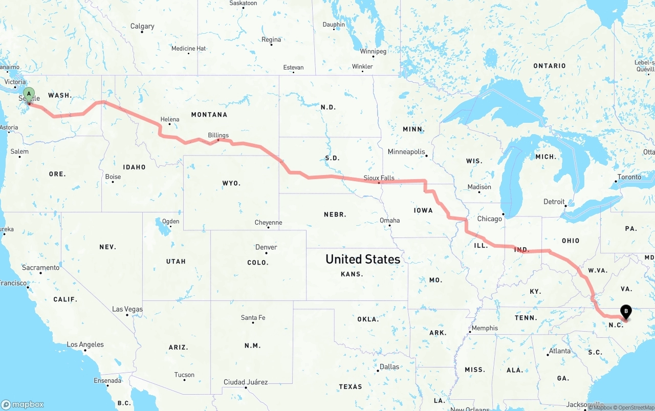 Shipping route from Port of Seattle to Raleigh