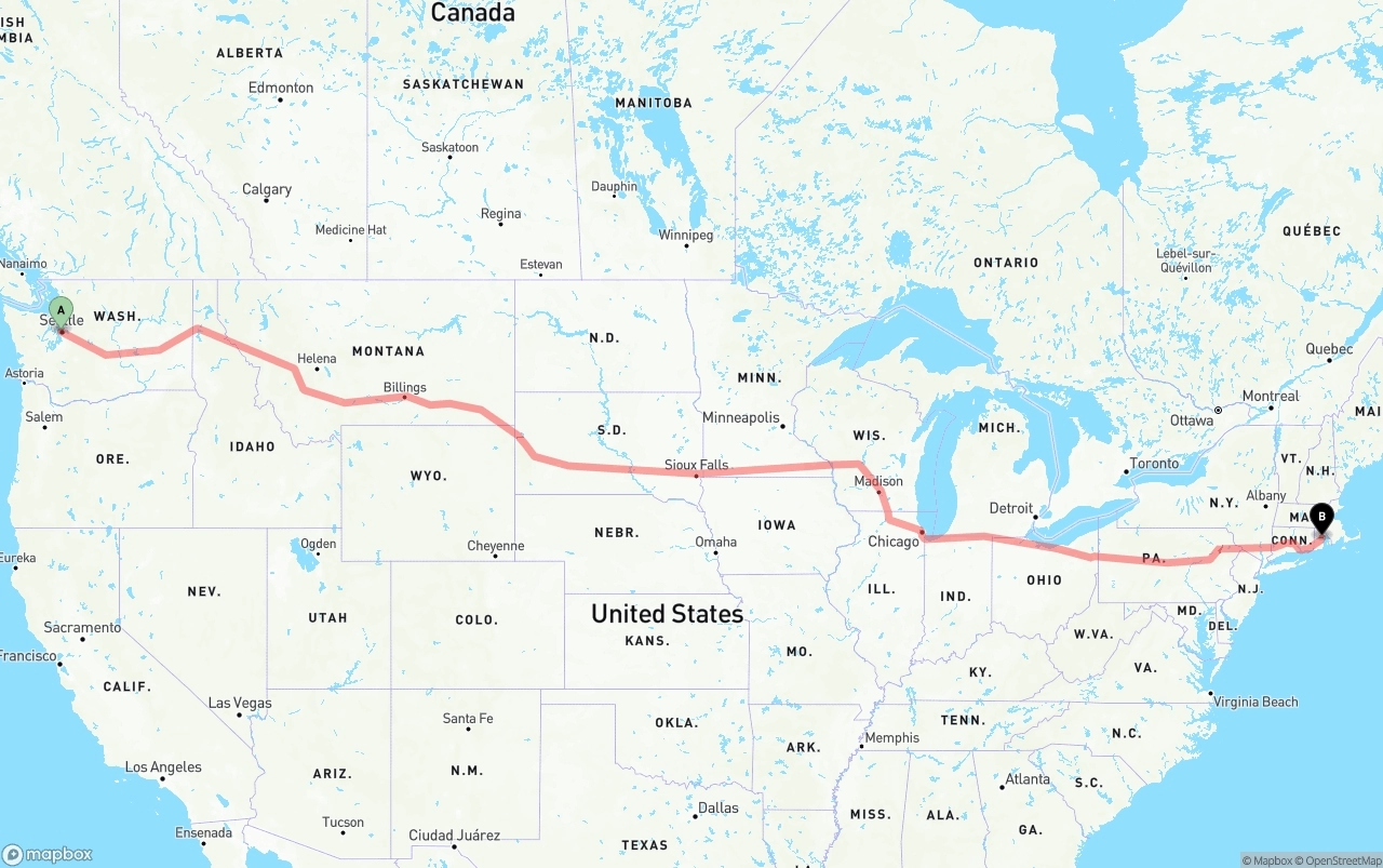 Shipping route from Port of Seattle to Rhode Island