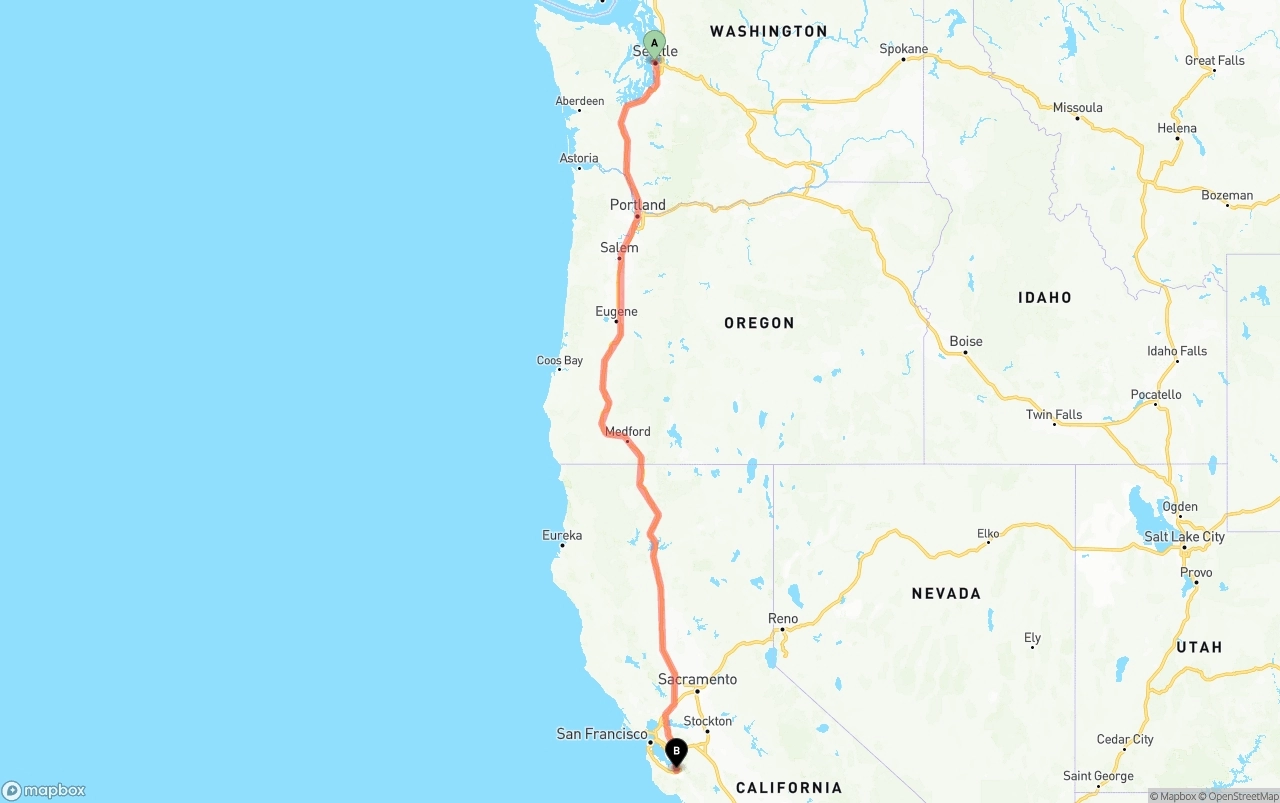 Shipping route from Port of Seattle to San Jose