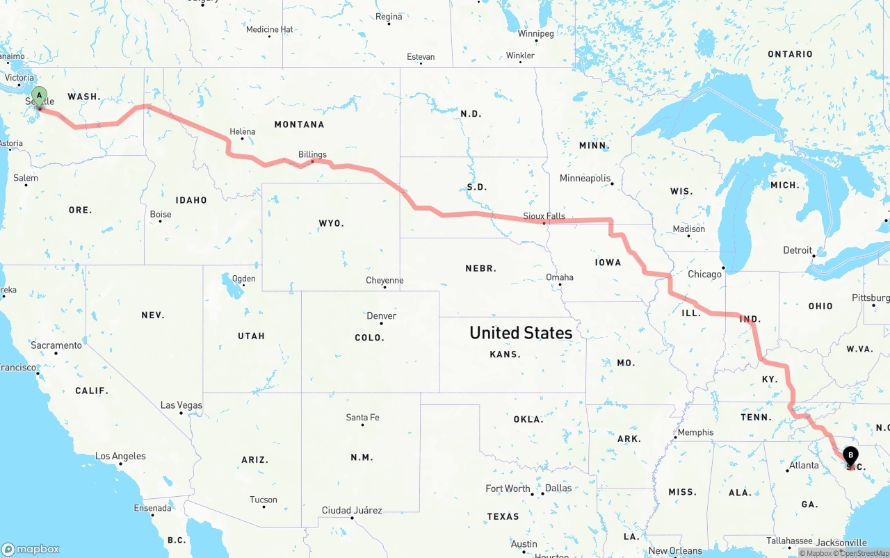 Shipping route from Port of Seattle to South Carolina